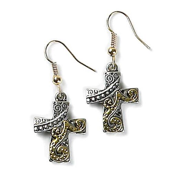Mixed Metal Cross Swirl Dangle Earring - Picture 1 of 2